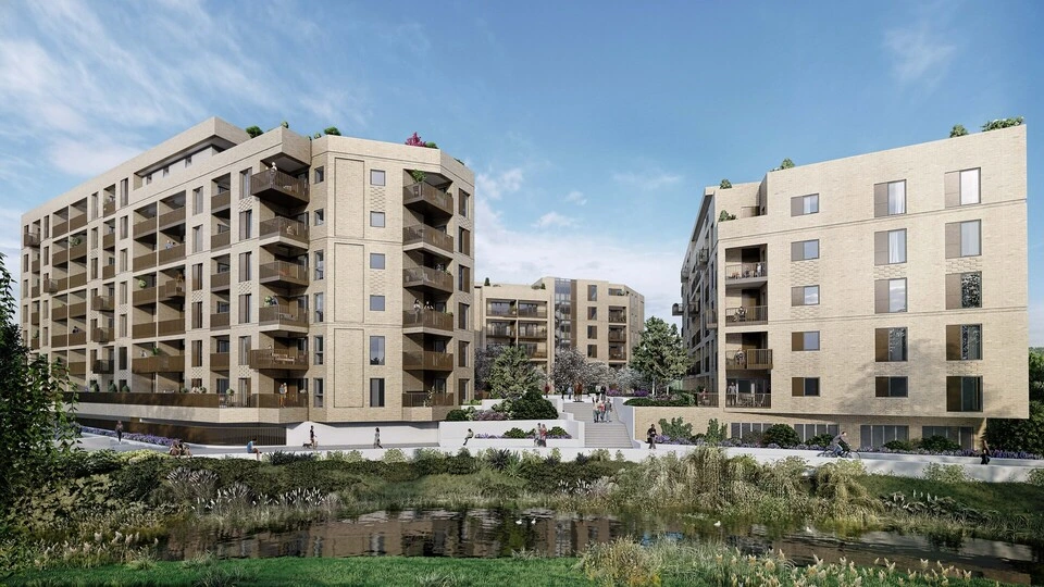 Rendering of the side view of the outside of the Ashord Apartments.