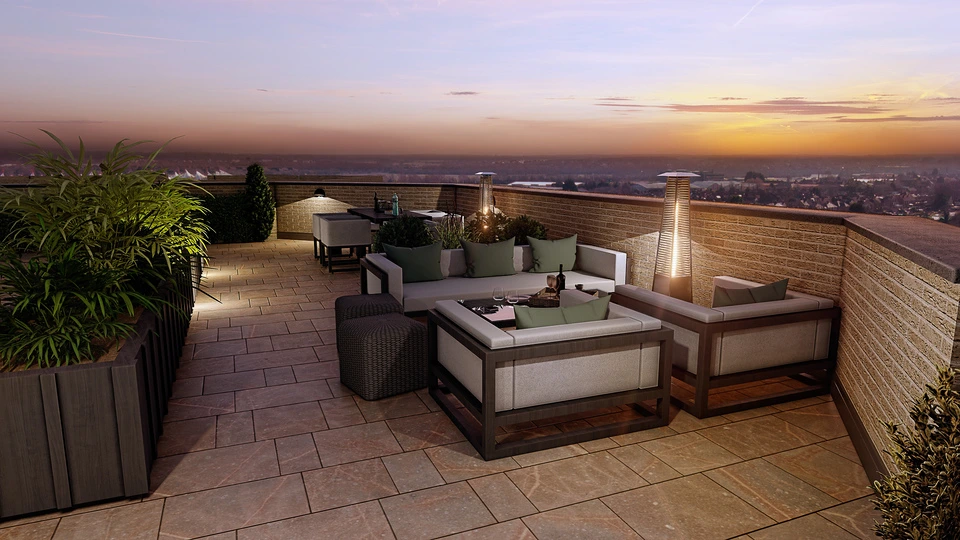 Rendering of a rooftop patio in the Ashford apartments with views of the city.