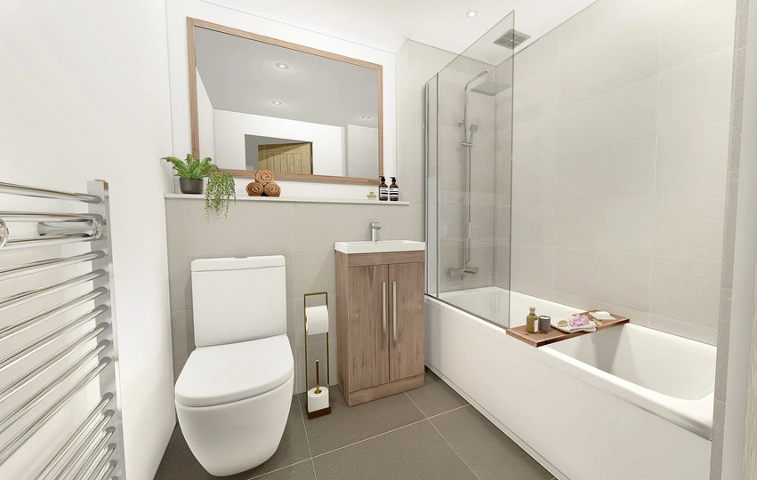 Rendering of an Ashford apartment bathroom.