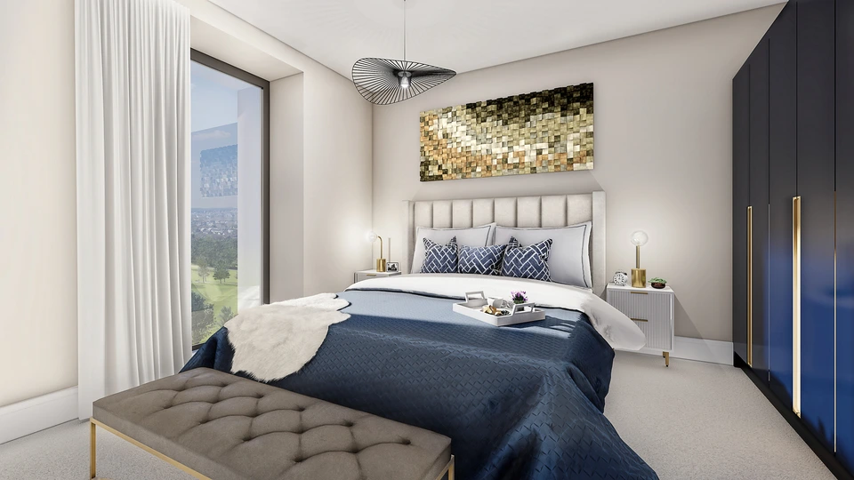 Rendering of an Ashford apartment bedroom.