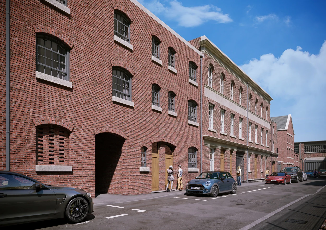 Rendering of the daytime view of the Copper Works Apartments.