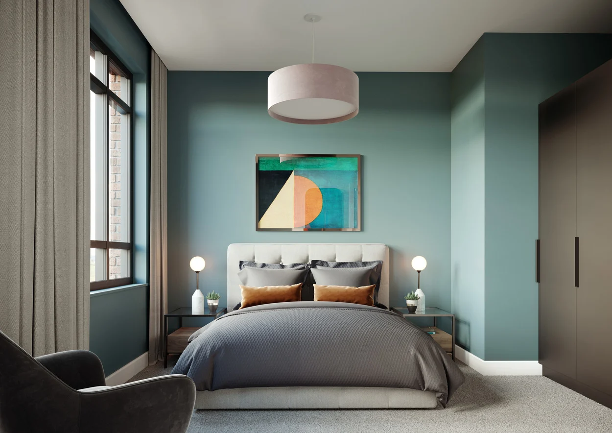 Rendering of a bedroom in the Copper Works Apartments.