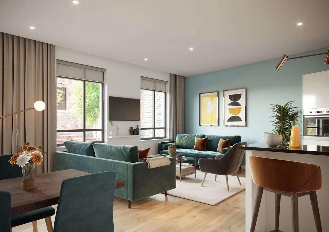 Living Room render in one of the Copper Works Appartments.