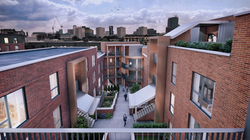 Scholars Quarter courtyard render.