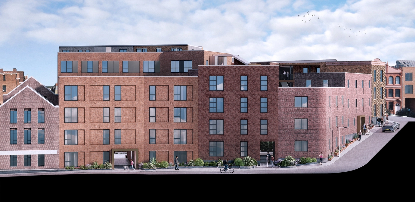Street view render of the Scholars Quarter Apartments.