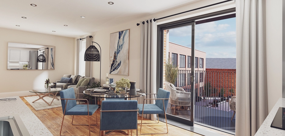 Apartment living room render of the Scholars Quarter Apartments