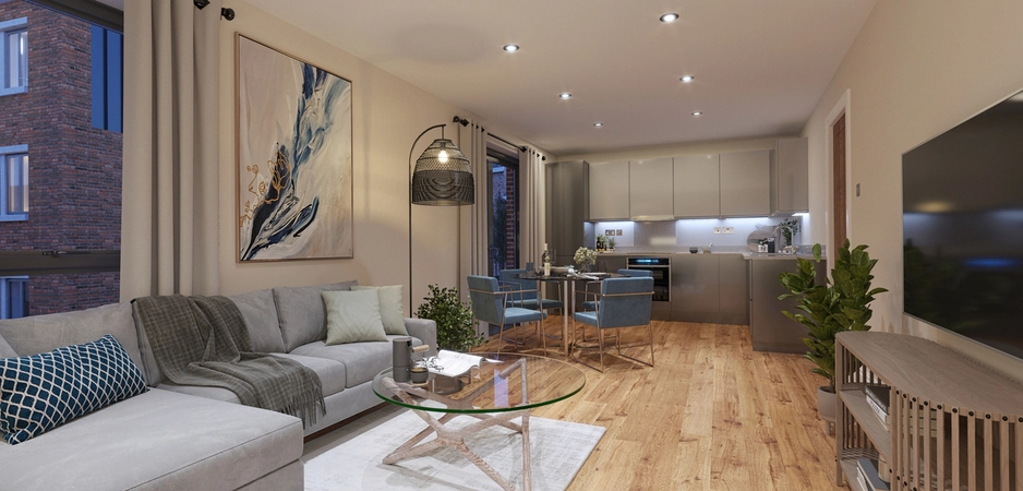 Apartmet living room and kitchen area render in the Scholars Quarter Apartments