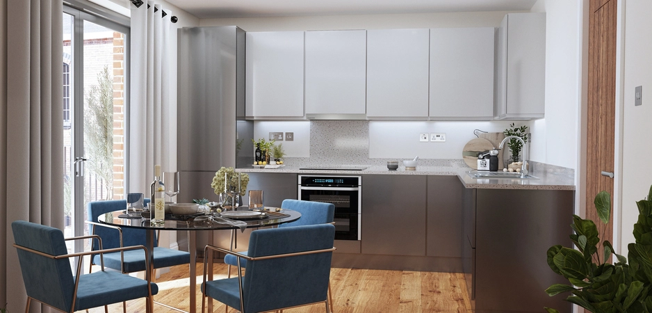 Kitchen area render in the Scholars Quarter Apartments.