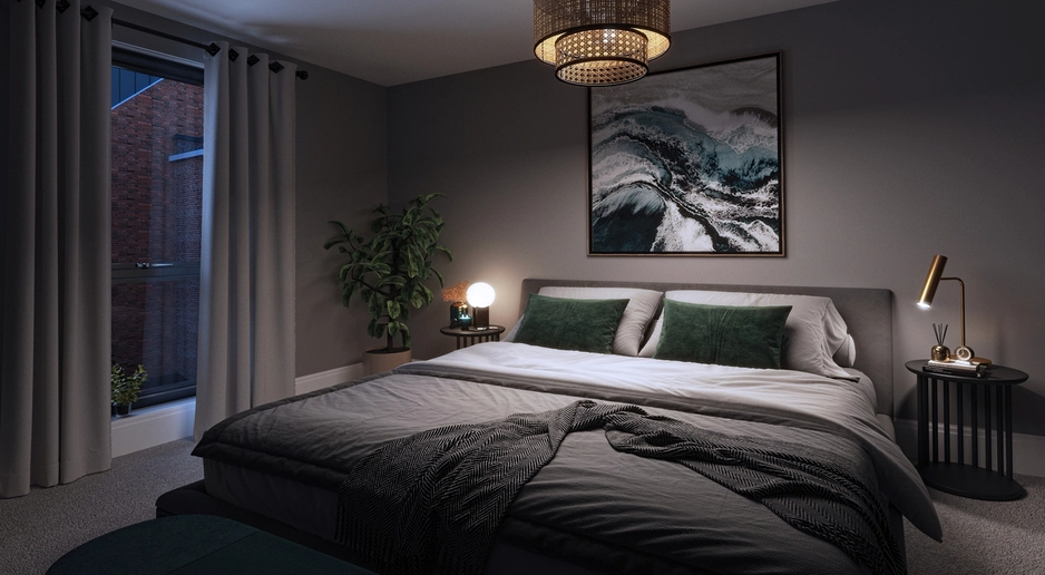 Bedroom render in the Scholars Quarter Apartments.