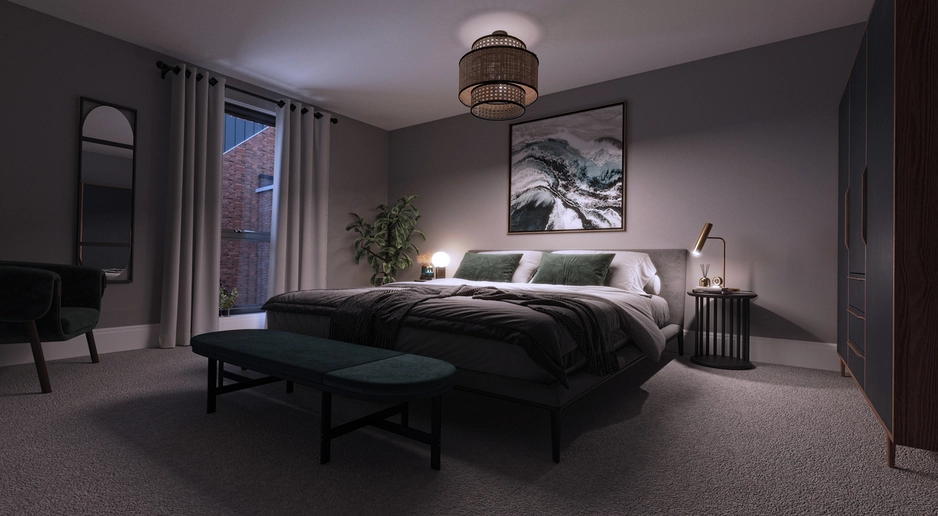 Alternate angle render of a bedroom in the Scholars Quarter Apartments.
