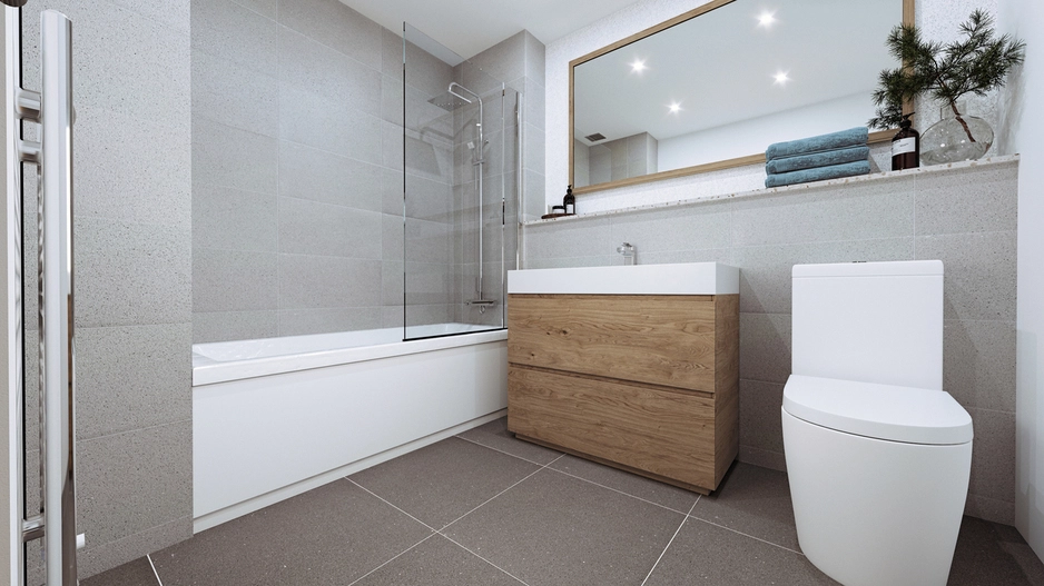 Bathroom render in the Scholars Quarter Apartments.